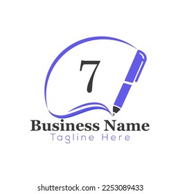 Education Logo On Letter 7 Template. Education On 7 Letter, Initial Pen Sign Concept