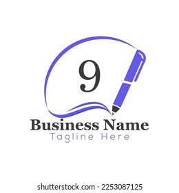 Education Logo On Letter 9 Template. Education On 9 Letter, Initial Pen Sign Concept