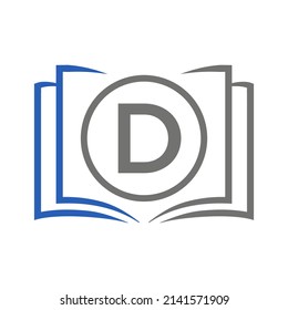 Education Logo On Letter D Template. Open Book Logo On D Letter, Initial Educational Sign Concept Template