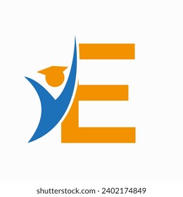 Education Logo On Letter E With Graduation Hat Icon. Graduation Symbol