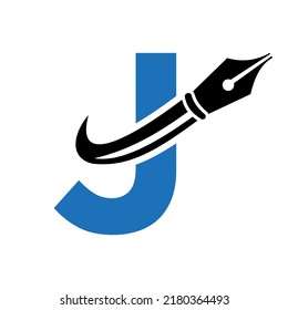 Logotipo educativo sobre el concepto de letra J con la plantilla de vectores de nib-pluma