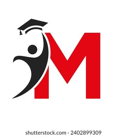 Education Logo On Letter M With Graduation Hat Icon. Graduation Symbol