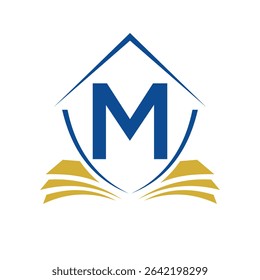 Education Logo On Letter M Concept With Book Symbol Vector Template