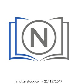 Logo De Educación En Plantilla De Letra N. Abrir Logotipo De Libro En Letra N, Plantilla De Concepto De Signo Educativo Inicial