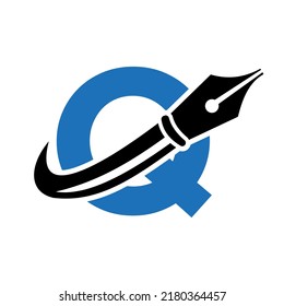 Education Logo on Letter Q Concept with Pen Nib Vector Template