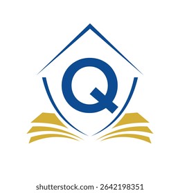 Education Logo On Letter Q Concept With Book Symbol Vector Template