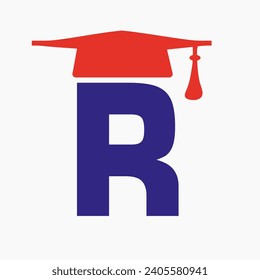 Education Logo On Letter R With Graduation Hat Icon. Study Symbol