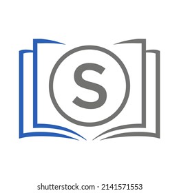 Education Logo On Letter S Template. Open Book Logo On S Letter, Initial Educational Sign Concept Template
