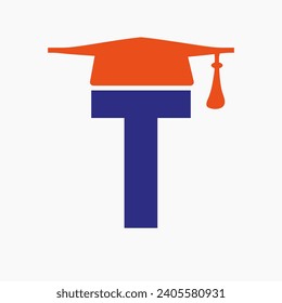 Education Logo On Letter T With Graduation Hat Icon. Study Symbol