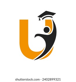 Education Logo On Letter U With Graduation Hat Icon. Graduation Symbol