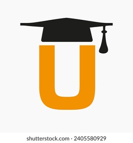 Education Logo On Letter U With Graduation Hat Icon. Study Symbol