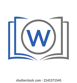 Education Logo On Letter W Template. Open Book Logo On W Letter, Initial Educational Sign Concept Template