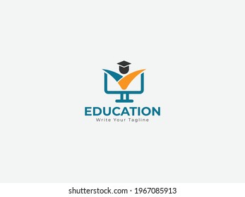 Education Logo online class concept, computer, human, hat, people in computer 