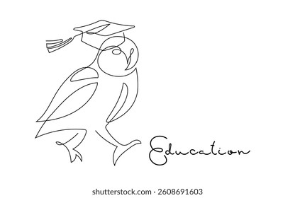 Education Logo. Owl-scientist in graduate hat with Education script lettering. Black and White Vector illustration. Educational concept. Academic cap. Graduated specialists, certified education