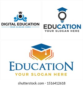 Education logo with people light bulb graduation hat and book vector suitable for school private teacher student academy