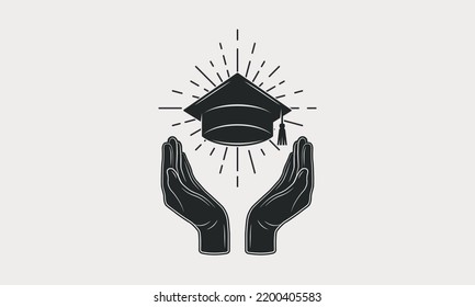 Education logo, poster concept. Hands with graduate hat and sunburst. Banner, poster, logo template for college, university. Vector illustration