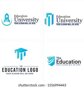 Education logo with rocket chart graduation cap and shield blue vector suitable for school student university building