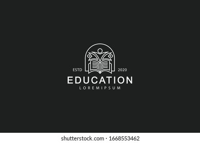 education logo. school line design with book and student illustrations. Vector line art icon template