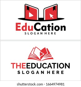 Education logo with symbol red book digital icon arrow triangle play button suitable for academy online student school app technology