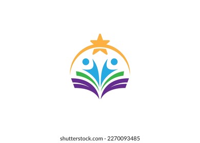 Education logo with symbols of books, people and stars in colorful flat design style