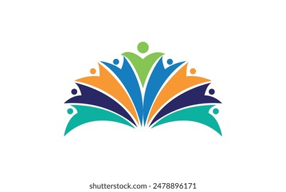 Education logo with symbols and people decorated with leaves in flat design style