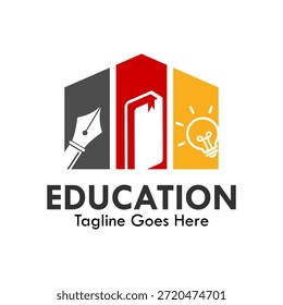 Illustration mit dem Logo "Bildung". es gibt Stift, Buch und Glühbirne