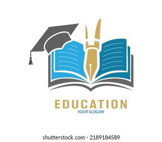 Educación. Plantilla con un libro abierto, un bolígrafo y un sombrero para graduados. Estilo plano.
