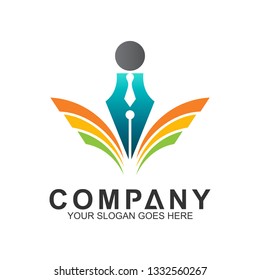 education logo template, people with pen and book vector icon