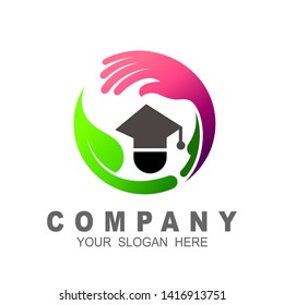 education logo template, student and leaf logo illustration, hand icon with circle