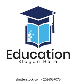 it is education logo template vector illustrations with an ebook symbol and graduation cap. School, college, and university insignia. 