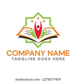 education logo with three human icons together on book emblem logo design template vector