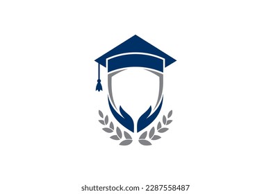 Education logo with toga hat, shield, hand and leaf decoration suitable for campus, university, school and graduation