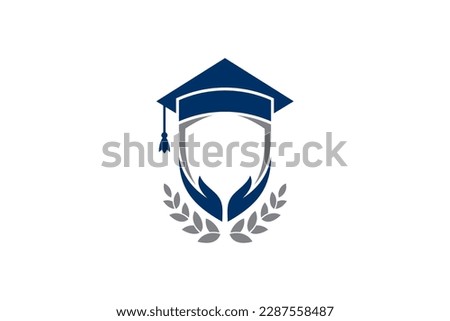 Education logo with toga hat, shield, hand and leaf decoration suitable for campus, university, school and graduation
