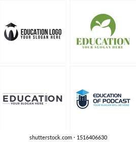 Education Logo With Tooth Hat School Apple Pencil And Microphone Vector Suitable For Private School Teacher Podcast