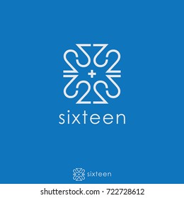 education logo. unique initial number 16 concept. 8 pieces of number 2 Logo with plus symbol in the center.