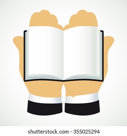 Education logotype concept. Open book, pages and palms. Isolated abstract graphic design template. Teaching, preaching, reading symbol. International learning day greetings idea. Open book on hands.