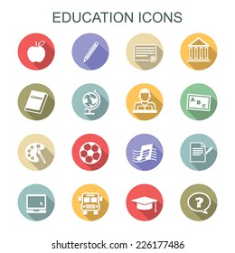 education long shadow icons, flat vector symbols