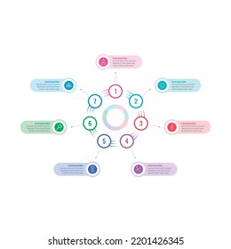 education, magazine, annual report, internet, business information template. rotating colorful circles infographic template. seven steps informational template