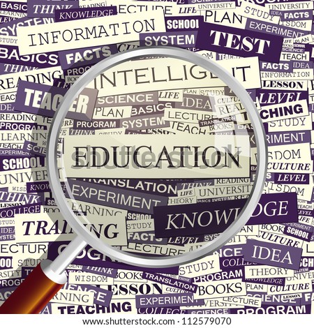 EDUCATION. Magnifying glass and seamless background. Vector pattern. Word cloud association concept.