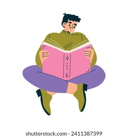 Educación con sentada de personajes masculinos y lectura de aprendizaje de libros e ilustración de vectores de estudio