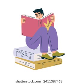 Educación con sentada de personajes masculinos y lectura de aprendizaje de libros e ilustración de vectores de estudio