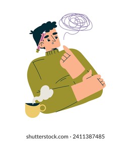Education with Man Character with with Tea Cup Think Something in Mind Learning and Study Vector Illustration