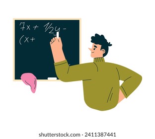 Education with Man Character Write Math Sum on Chalkboard Learning and Study Vector Illustration