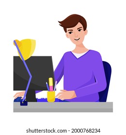Education. Man is learning online using computer. Online courses, distance studying, self education. Character in simple style