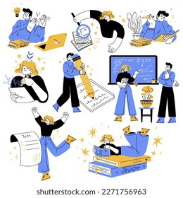 Education with Man and Woman Studying and Learning Discipline Vector Set