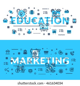 Education and Marketing headings, titles, web banner. Horizontal colored in white and blue flat vector illustration.