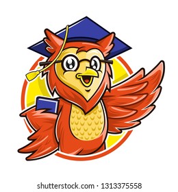 Education mascot, Owl mascot character wearing glasses and graduation cap holding book