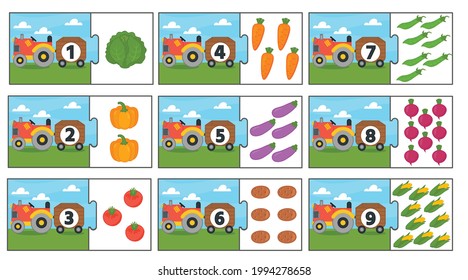 Education match game for kids. Counting from 1 to 9. Count the vegetables in the tractor. Collection puzzle with numbers and vegetables. Puzzle Game, Mosaic