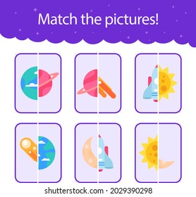 Education match game for kids. Find picture match. Educational logic puzzle. Children worksheet design. Pairs, same match. Kindergarten or preschool, school learning activity. Vector illustration.
