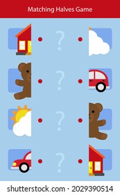 Education match game for kids. Find picture match. Educational logic puzzle. Children worksheet design. Pairs, same match. Kindergarten or preschool, school learning activity. Vector illustration.
